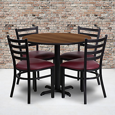 Flash Furniture Round Laminate Table Set With X-Base And 4 Ladder-Back Metal Chairs, 30"H x 36"W x 36"D, Walnut/Burgundy