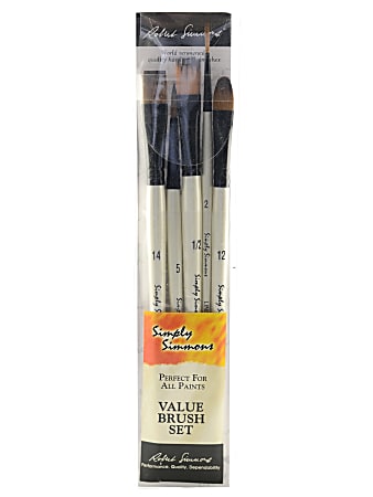 Robert Simmons Simply Simmons Value Paint Brush Set, High Definition, Assorted Sizes, Assorted Bristles, Syntheitc, White, Set Of 5