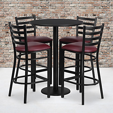 Flash Furniture Round Table And 4 Ladder-Back Bar Stools, 42”H x 30”W x 30”D, Black/Burgundy