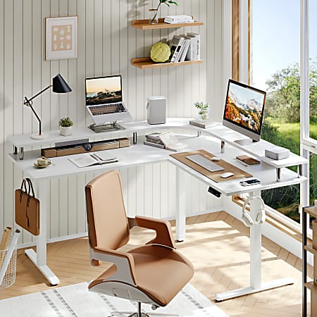 Bestier 63" Electric Adjustable-Height L-Shaped Standing Desk, White