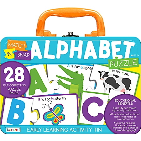 Bendon, Inc. Match N' Snap Puzzles In Lunchbox Tin, Alphabet, Set Of 28 Puzzle Pairs