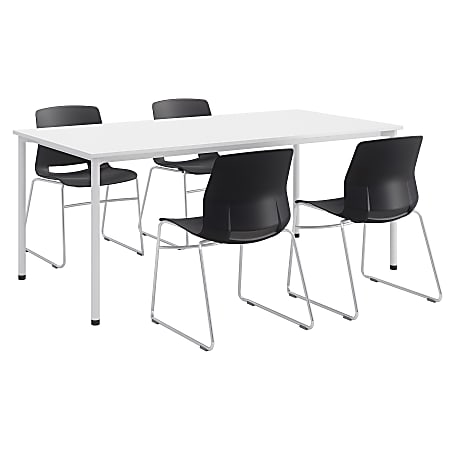 KFI Studios Dailey Table Set With 4 Sled Chairs, White Table/Black/Silver Chairs