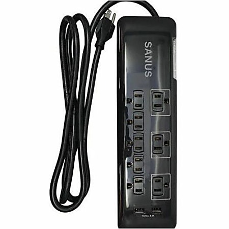 Sanus Surge Protected 8 Outlet Power Strip with USB Ports - Black - 8 x AC Power, 2 x USB - 6 ft Cord - 2160 J Surge Energy - Keyhole-mountable, Wall Mountable, Cabinet Mountable - Black
