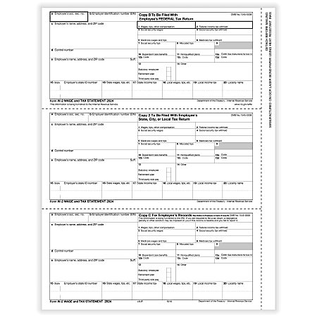 ComplyRight® W-2 Tax Forms, 3-Up (W-Style), Employee’s Copies B, C & 2 Combined, Laser, 8-1/2" x 11", Pack Of 25 Forms