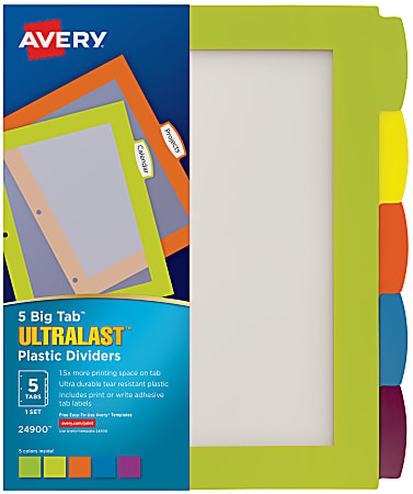 Avery® Big Tab™ Ultralast™ Plastic Dividers, 5-Tab, Multicolor