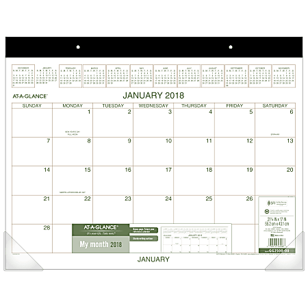 AT-A-GLANCE® Monthly Desk Pad Calendar, 17" x 22", Brown/Green, January to December 2018 (GG250000-18)