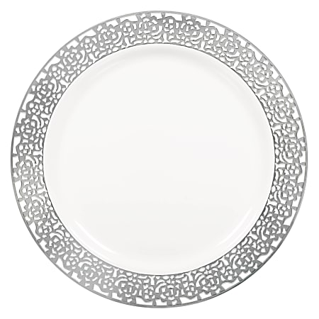 Amscan Premium Plastic Plates With Lace Borders, 10", White/Silver, Pack Of 10 Plates