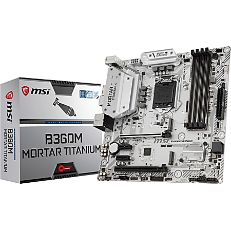MSI B360M MORTAR TITANIUM Desktop Motherboard - Intel Chipset - Socket H4 LGA-1151 - 64 GB DDR4 SDRAM Maximum RAM - DIMM, UDIMM - 4 x Memory Slots - Gigabit Ethernet - 2 x USB 3.1 Port - HDMI - DVI - 4 x SATA Interfaces