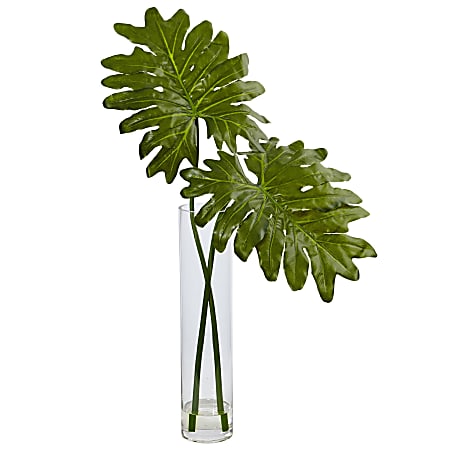 Nearly Natural Selloum 29”H Artificial Plant With Cylinder Glass Vase, 29”H x 27”W x 19-1/2”D, Green