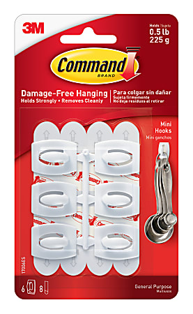 Command Mini Wall Hooks, 6-Command Hooks, 8-Command Strips, Damage-Free, White