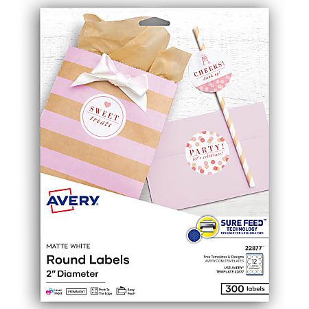 Avery® Printable Labels With Sure Feed®, 22877, Round, 2" Diameter, Matte White, 300 Customizable Labels