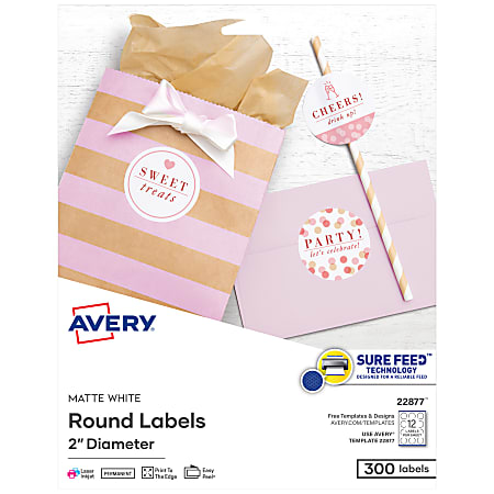 Avery® Printable Labels With Sure Feed®, 22877, Round, 2" Diameter, Matte White, 300 Customizable Labels