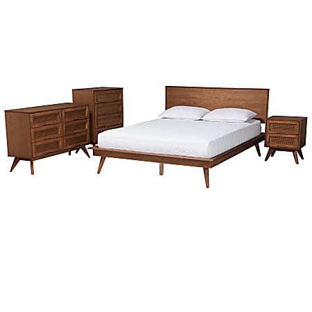 Baxton Studio Melora Mid-Century Modern Finished Wood/Rattan 4-Piece Bedroom Set, Queen Size, Walnut Brown