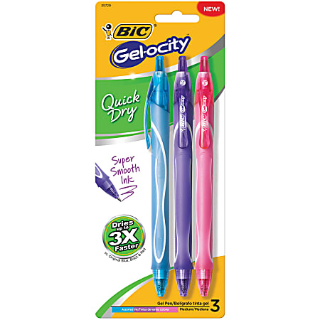 BIC® Gel-ocity Quick-Dry Retractable Gel Pens, Medium Point, 0.7 mm, Turquoise/Purple/Pink Barrels, Turquoise/Purple/Pink Fashion Inks, Pack Of 3