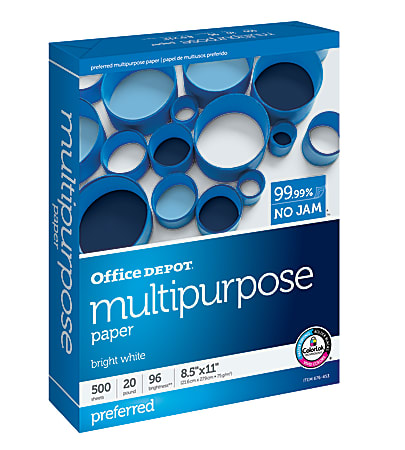 Office Depot® Multi-Use Printer & Copy Paper, 1 Ream, White, Letter (8.5" x 11"), 500 Sheets Per Ream, 20 Lb, 96 Brightness, 1806RM
