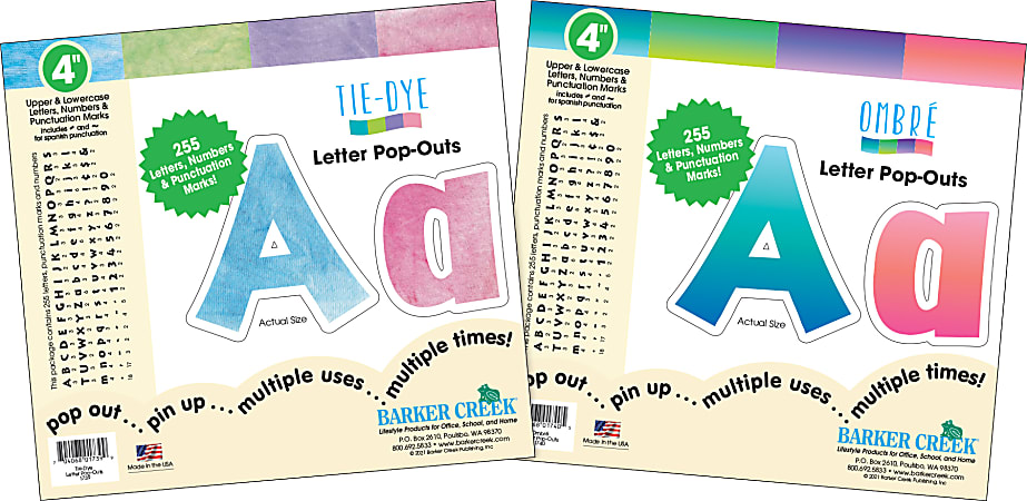 Barker Creek Letter Pop-Outs, 4”, Tie-Dye & Ombré, Set of 510 Pop-Outs
