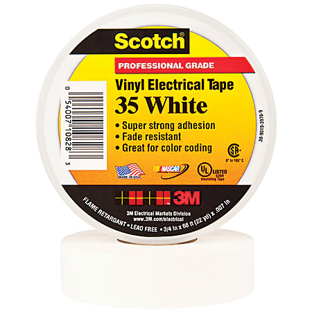 3M™ 35 Color-Coded Vinyl Electrical Tape, 1.5" Core, 0.75" x 66', White, Pack Of 10