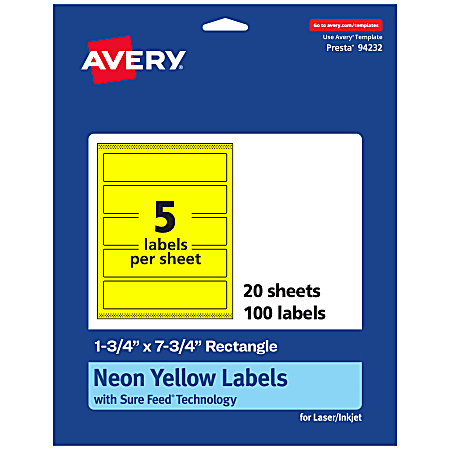 Avery® Print-To-The-Edge Labels With Sure Feed® Technology, 94232-NYP20, Rectangle, 1-3/4" x 7-3/4", Matte Neon Yellow, Pack of 100