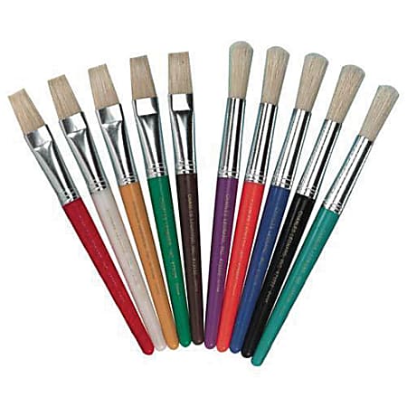 Charles Leonard Stubby Brush Set, Flat Bristle, Multicolor, Pack Of 10