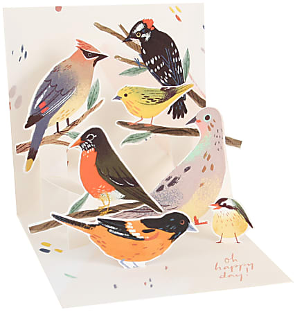 Up With Paper Summer Pop-Up Card With Envelope, Half Fold, 5-1/4" x 5-1/4", Backyard Birds