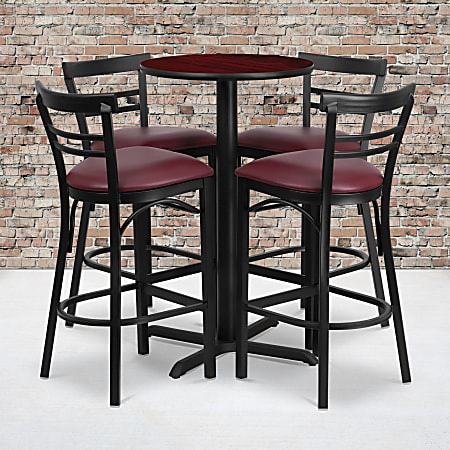 Flash Furniture Round Laminate Table Set With X-Base And Four 2-Slat Ladder-Back Metal Barstools, 42"H x 24"W x 24"D, Mahogany/Burgundy