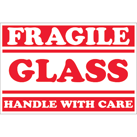 Tape Logic® Preprinted Labels, DL1058, Fragile — Glass — Handle With Care (Lines), Rectangle, 2" x 3", Red/White, Roll Of 500