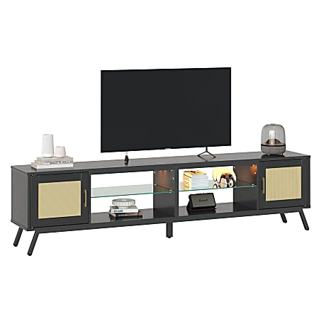 Bestier Modern TV Stand With Rattan Doors And Glass Shelves  For 80" TVs, 20”H x 80”W x 13-13/16”D, Black