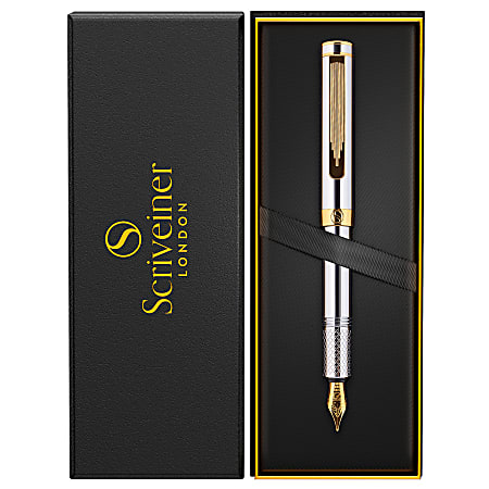 Scriveiner EDC Luxury Fountain Pen, Medium Nib, 0.7 mm, Silver Chrome Barrel, Black And Blue