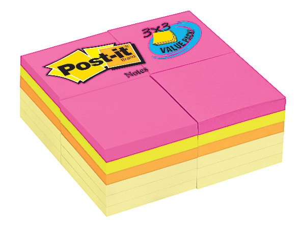 Post-it® Notes, 3" x 3", Assorted Colors, Pack Of 24 Pads