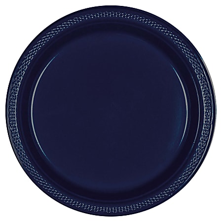 Amscan Round Plastic Plates, 10-1/4", True Navy, Pack Of 50 Plates