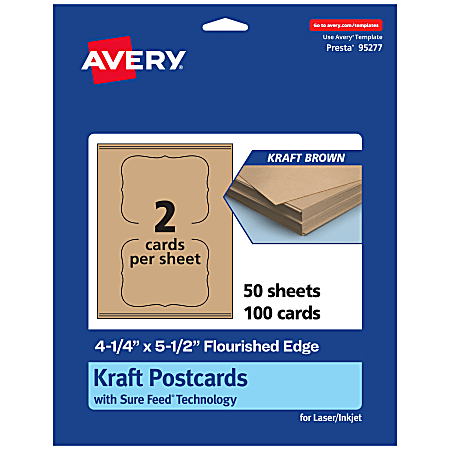 Avery® Printable Postcards With Sure Feed® Technology, 95277-KMC50, Rectangle Flourished Edge, 4.25" x 5.5", Kraft Brown, Pack Of 100