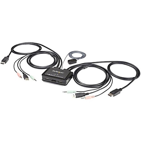 StarTech.com 2 Port DisplayPort KVM Switch - 4K 60Hz - UHD DP 1.2 USB KVM Switch w/ 4ft Cables & Audio - Bus Powered & Remote Switching - 2 Port DisplayPort KVM Switch w/ built-in cables & USB Console
