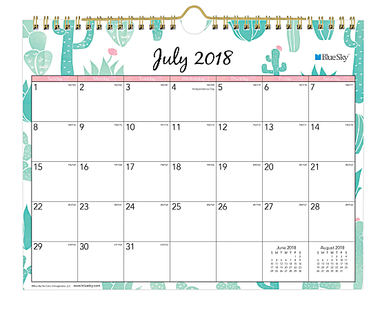 Blue Sky™ Monthly Wall Calendar, 8 3/4" x 11", Saguaro, July 2018 to June 2019