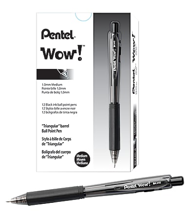Pentel® WOW!™ Retractable Ballpoint Pens, Medium Point, 1.0 mm, Transparent Black Barrels, Black Ink, Pack Of 12