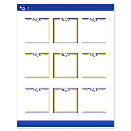 Avery® Print-To-The-Edge Cards With Sure Feed®, S00-DNP-PRMWC10, 2-1/2" x 2-1/2", Matte White, Preprinted Gold & Navy Border/Floral Design, 90-PK