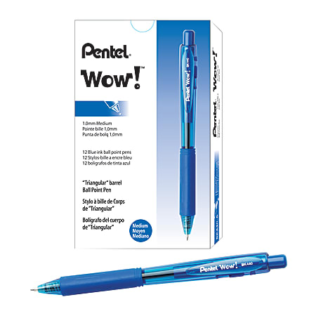 Pentel® WOW!™ Retractable Ballpoint Pens, Medium Point, 1.0 mm, Transparent Blue Barrels, Blue Ink, Pack Of 12