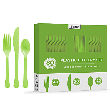 Amscan 8016 Solid Heavyweight Plastic Cutlery Assortments, Kiwi Green, 80 Pieces Per Pack, Set Of 2 Packs