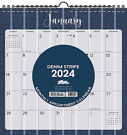 2024 Willow Creek Press Spiral Art Monthly Wall Calendar, 12" x 12", Denim Stripe, January to December