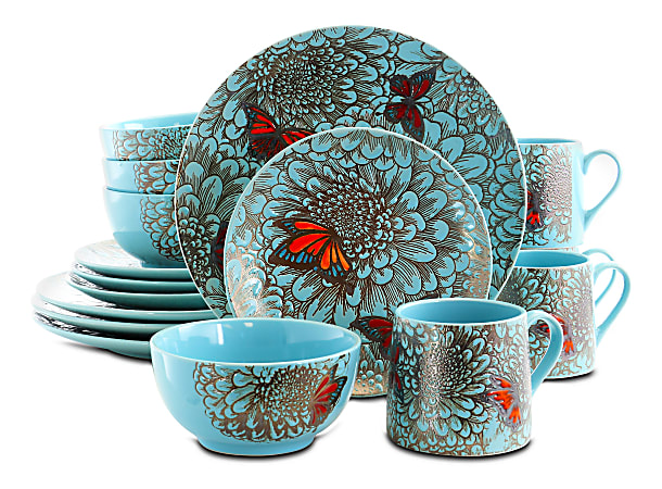 Elama 16-Piece Stoneware Dinnerware Set, Butterfly Garden
