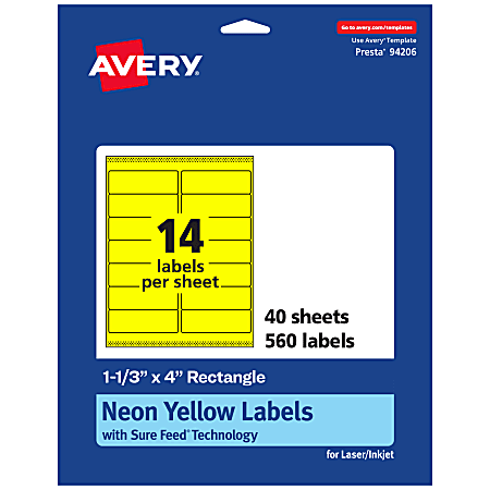 Avery® Printable Labels With Sure Feed® Technology, 94206-NYP40, Rectangle, 1-1/3" x 4", Matte Neon Yellow, Pack of 560