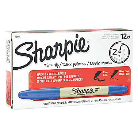 Sharpie® Twin-Tip Permanent Markers, Fine/Ultra-Fine Points, Blue Ink, Pack Of 12 Markers