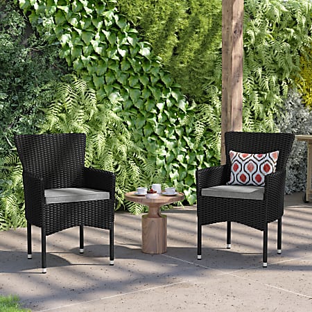 Flash Furniture Maxim Modern Wicker Patio Armchairs With Cushions, Gray/Black, Set Of 2 Chairs