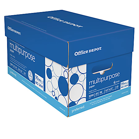 Office Depot® Premium Multi-Use Printer & Copy Paper, 10 Reams, Bright White, Letter (8.5" x 11"), 5000 Sheets Per Case, 20 Lb, 96 Brightness