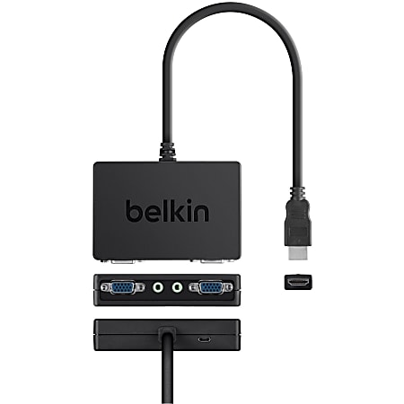 Belkin HDMI to 2x VGA (F) + 3.5 mm Splitter Dongle - HDMI/Mini-phone/VGA A/V Cable for Audio/Video Device, Monitor, Projector, Notebook - First End: 1 x HDMI Male Digital Audio/Video