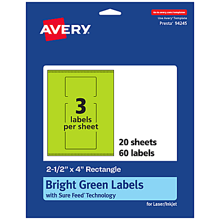 Avery® Print-To-The-Edge Labels With Sure Feed® Technology, 94245-BGP20, Rectangle, 2-1/2" x 4", Matte Bright Green, Pack of 60