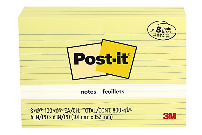 Post-it® Notes, 4 in x 6 in, 8 Pads, 100 Sheets/Pad, Lined, Clean Removal, Back to School Supplies for Students, Sticky Notes for Textbooks, Notebooks, Walls and Vertical Surfaces, Canary Yellow