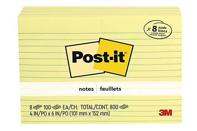 Post-it Notes, 4 in x 6 in, 8 Pads, 100 Sheets/Pad, Clean Removal, Canary Yellow, Lined