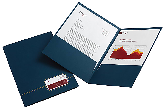 Office Depot® Brand Executive 2-Pocket Linen Folder, Dark Blue With Gold Trim, Pack Of 4