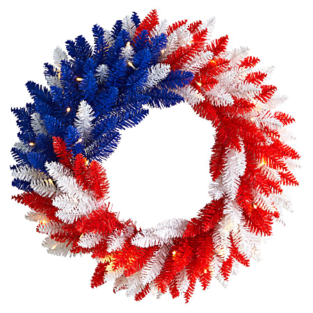 Nearly Natural Patriotic Americana 24”H Artificial Wreath With 35 LED Lights, 24”H x 24”W x 5”D, Red/White/Blue