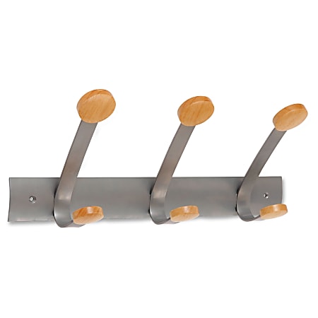 Alba Double Wooden Wall Coat Hook - 3 Hooks - 3 Pegs - for Coat, Clothes - Metal, Wood - Silver, Cherry - 1 Each